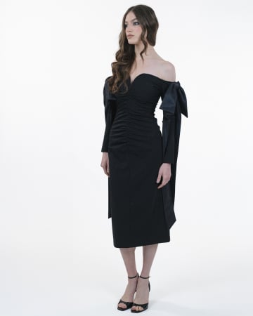 Rochie cambrata cu maneci lungi, Midi, Funde detasabile, Negru [9]