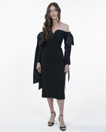 ROCHII - Rochie cambrata cu maneci lungi, Midi, Funde detasabile, Negru