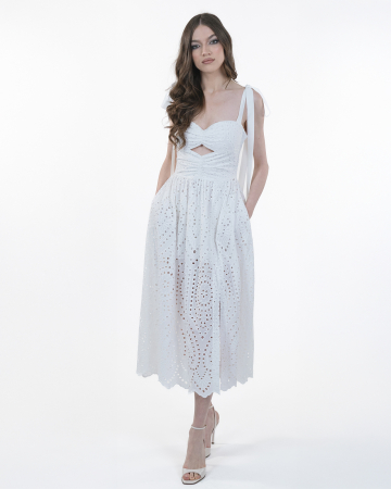 Rochie din bumbac brodat, Midi, Cu bretele, Alb [6]