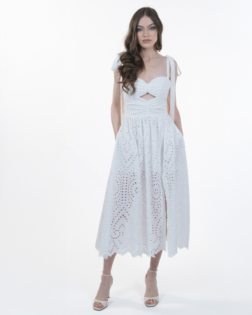 ROCHII DE ZI - Rochie din bumbac brodat, Midi, Cu bretele, Alb