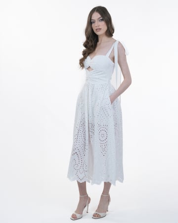 Rochie din bumbac brodat, Midi, Cu bretele, Alb [5]