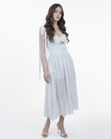 Rochie din bumbac brodat, Midi, Cu bretele, Alb [3]