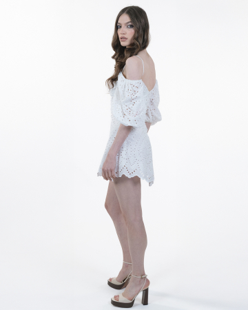 Rochie din bumbac brodat, Scurta, Cu maneci, Alb [6]