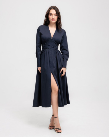 ROCHII DE ZI - Rochie din bumbac, Midi, Buzunare, Decolteu in V, Maneci lungi, Bleumarin