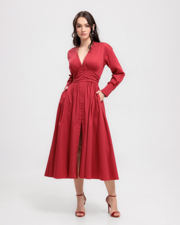 ROCHII DE ZI - Rochie din bumbac, Midi, Buzunare, Decolteu in V, Maneci lungi, Rosu