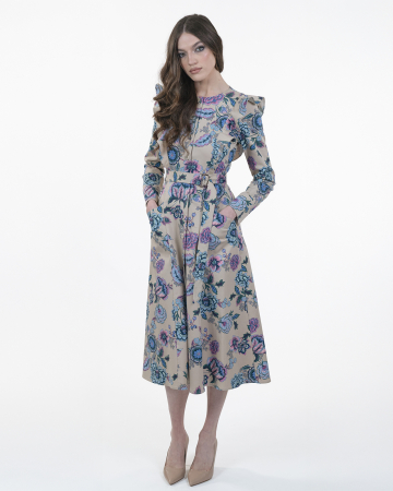 ROCHII DE ZI - Rochie din bumbac, Midi, Cu nasturi, Maneci lungi, Print floral