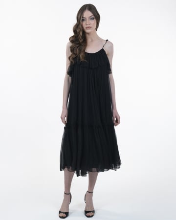 ROCHII DE COCKTAIL - Rochie din matase, Midi, Decolteu adanc pe spate, Bretele, Negru