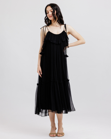 ROCHII - Rochie din matase, Midi, Decolteu adanc pe spate, Bretele, Negru