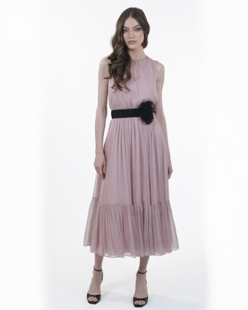 ROCHII - Rochie din matase, Midi, Floare, Roz prafuit