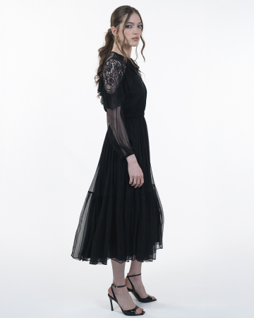 Rochie din matase, Midi, Maneci lungi, Negru [5]