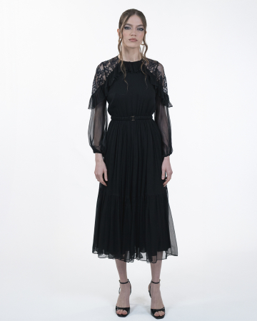 Rochie din matase, Midi, Maneci lungi, Negru [4]