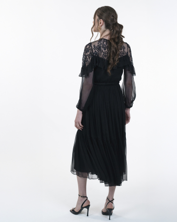 Rochie din matase, Midi, Maneci lungi, Negru [6]
