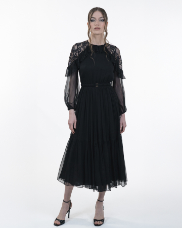 ROCHII - Rochie din matase, Midi, Maneci lungi, Negru