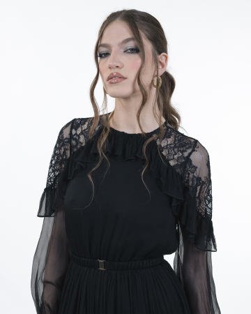 Rochie din matase, Midi, Maneci lungi, Negru [1]