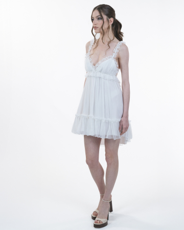 Rochie din matase, Scurta, Babydoll, Decolteu spate, Bretele, Alb [4]