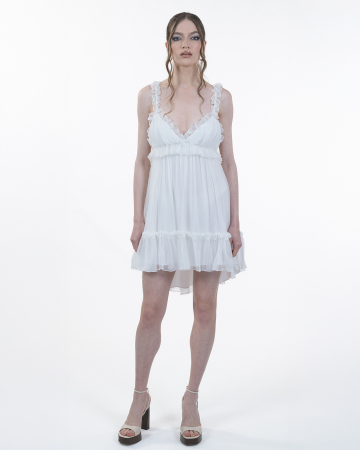 ROCHII DE ZI - Rochie din matase, Scurta, Babydoll, Decolteu spate, Bretele, Alb