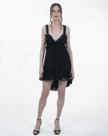 Rochie din matase, Scurta, Babydoll, Decolteu spate, Bretele, Negru [3]