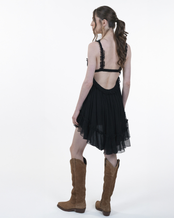 Rochie din matase, Scurta, Babydoll, Decolteu spate, Bretele, Negru [6]