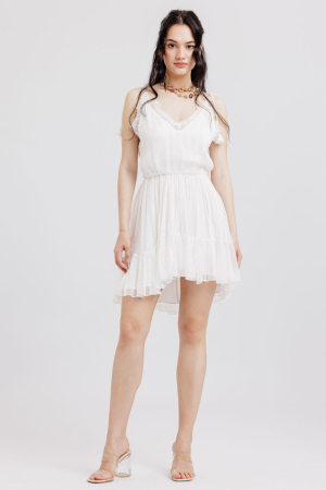 ROCHII - Rochie din matase, Scurta, Cu bretele si dantela, Alb