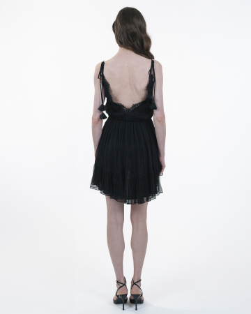 Rochie din matase, Scurta, Cu bretele si dantela, Negru [1]