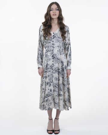 Rochie din vascoza, Midi, Cu nasturi, Maneci lungi, Print grafic [4]