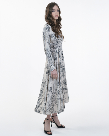 Rochie din vascoza, Midi, Cu nasturi, Maneci lungi, Print grafic [3]