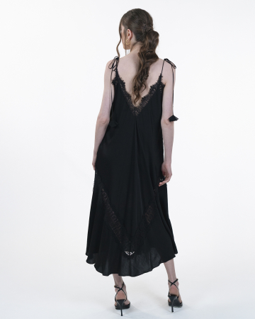 Rochie din vascoza satinata, Bretele si dantela, Negru [3]