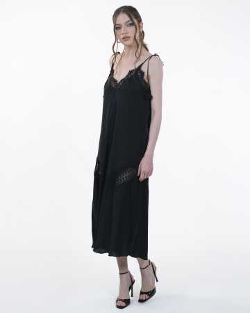 Rochie din vascoza satinata, Bretele si dantela, Negru [4]