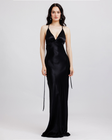 ROCHII DE SEARA - Rochie din vascoza satinata, Lunga, Decolteu drapat pe spate, Bretele, Negru