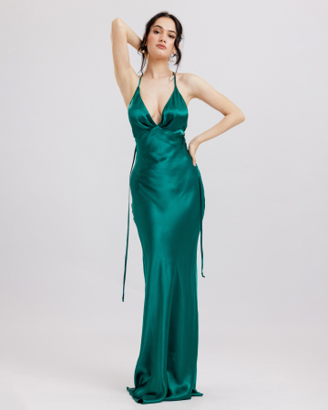 ROCHII DE SEARA - Rochie din vascoza satinata, Lunga, Decolteu drapat pe spate, Bretele, Verde