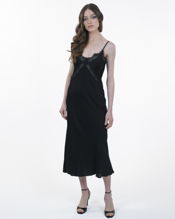 ROCHII DE ZI - Rochie din vascoza, Sleepdress, Midi, Cu dantela, Negru