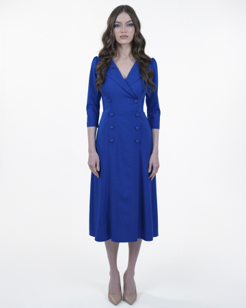 ROCHII DE ZI - Rochie midi, Stofa subtire, Nasturi decorativi, Maneci 3/4, Albastru