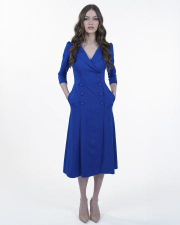 Rochie midi, Stofa subtire, Nasturi decorativi, Maneci 3/4, Albastru [4]