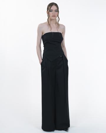 Top bustiera asimetric, Cristale negre, Fermoar metalic, Negru [2]
