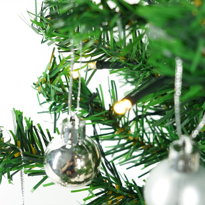 Brad Artificial Impodobit, 60 cm, suport plastic cu instalatie luminoasa 20 LED alb cald + 20 globuri argintii incluse, Flippy [6]
