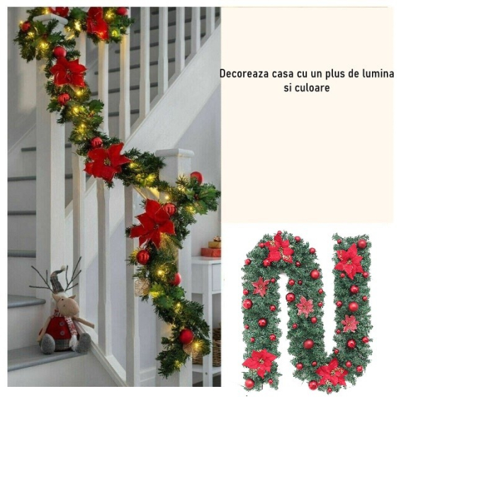 Ghirlanda decorativa Craciun cu Globuri si funde rosii,  2,70 m, Verde [2]