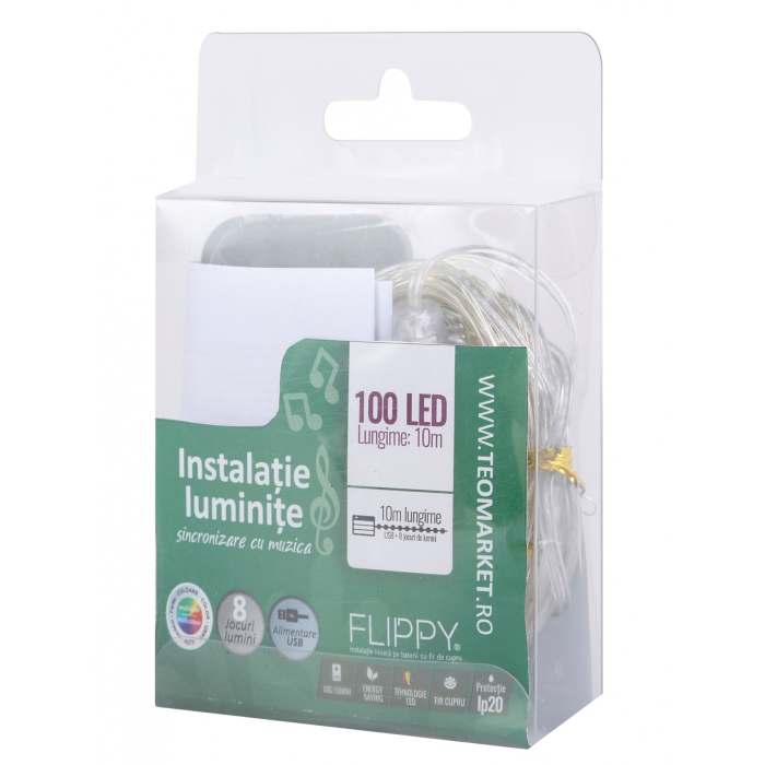 Instalatie Craciun, 10 metri, 100 LED-uri, multicolor RGB, sincronizare muzica, telecomanda 12 de functii, USB, fir cupru, liniar, interior/exterior, Flippy [5]