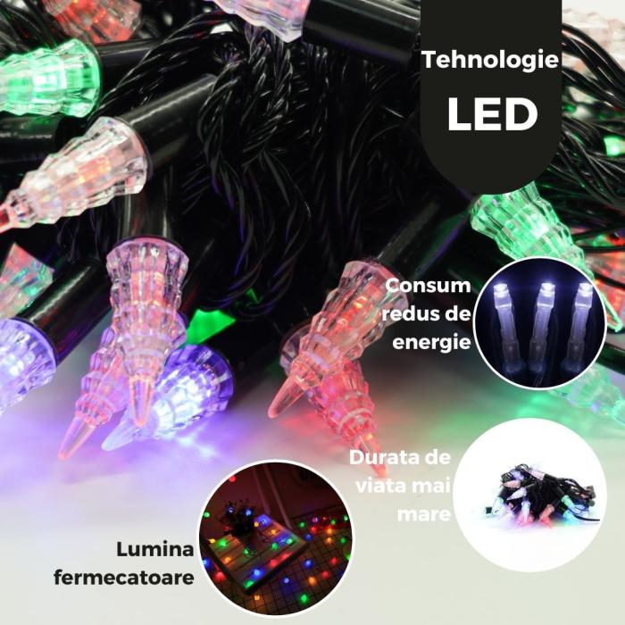 Instalatie de Craciun Liniara RGRB Yoto, 10 m, din care 1 m Prelungitor 220V, 40 LED, Model Brazi, Utilizare Interior/Exterior, Interconectabila, Fir Negru, multicolor [2]