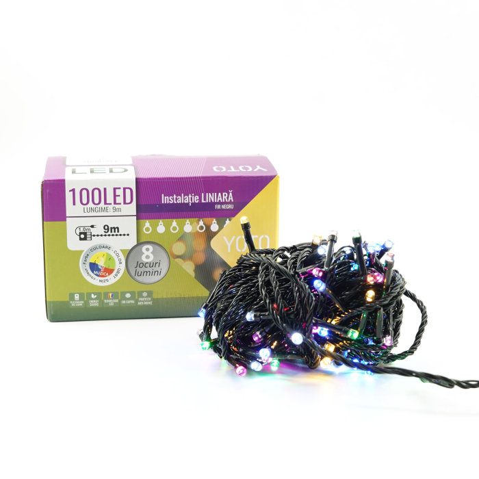 Instalatie de Craciun liniara Yoto, 10 m, din care 1 m cablu priza 220V, 100 LED, 8 jocuri de lumini, pentru interior, controler, fir negru, multicolor [7]