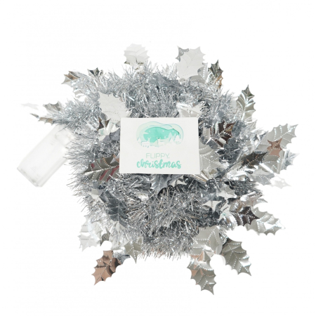 Festive - Beteala Craciun cu LED, Argintie, model cu frunze, 2 m x 6 cm, PVC, Sir, Artificiala, Flippy