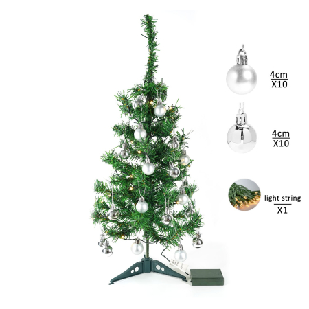 Festive - Brad Artificial Impodobit, 60 cm, suport plastic cu instalatie luminoasa 20 LED alb cald + 20 globuri argintii incluse, Flippy
