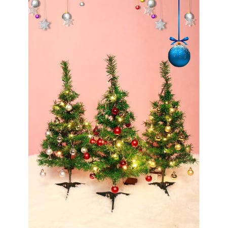 Festive - Brad Artificial Impodobit, 60 cm, suport plastic, cu instalatie luminoasa 20 LED alb cald + 20 globuri aurii incluse, Flippy