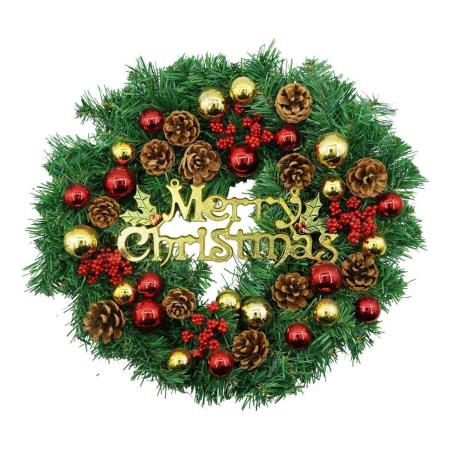Festive - Coronita de Craciun pentru usa, Rosu-Auriu-Verde, 40 cm, PVC, Artificiala, Decorata, Interior/Exterior, Flippy