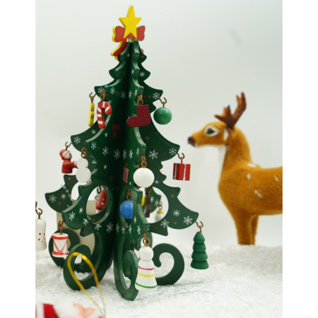 Festive - Decoratiune Craciun, Brad, Verde, 6 cavitati cu ornamente, 12 cm x 20 cm, Lemn, Flippy