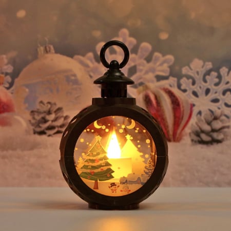 Festive - Decoratiune Craciun tip Felinare cu baterii, 13.5 x 9 cm,Lumanare cu geam si inscriptie Brad Craciun,lumina alb cald,baterii incluse,Negru