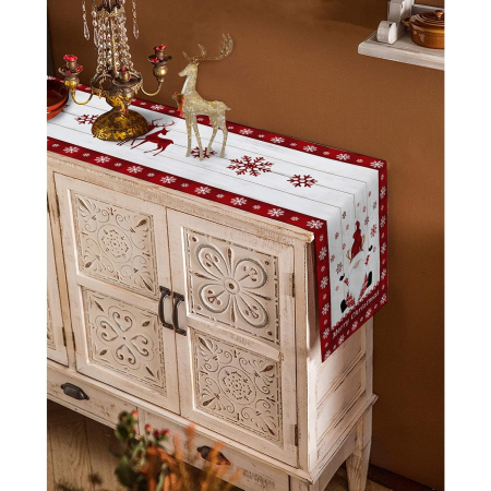 Fata de Masa Craciun,  Model 1 Elfi si Reni, din Textil, 33x180cm, Alb/Rosu [1]