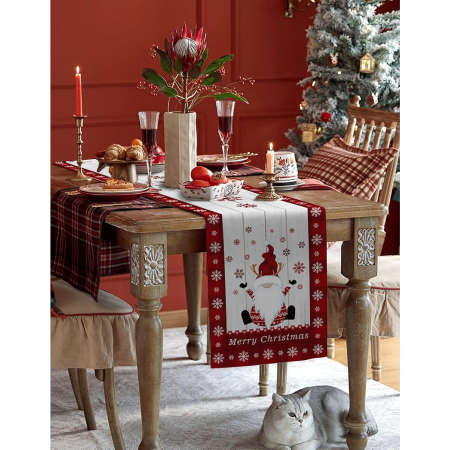 Festive - Fata de Masa Craciun,  Model 1 Elfi si Reni, din Textil, 33x180cm, Alb/Rosu