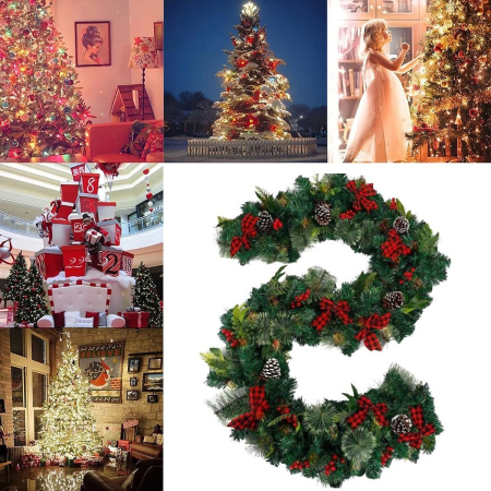 Ghirlanda decorativa Craciun cu funde rosii si conuri de brad,  2,70 m, Verde [3]