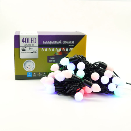 Instalatie de Craciun Liniara RGRB Yoto, 10 m, din care 1 m Prelungitor 220V, 40 LED, Bilute Mate, Interconectabila, Utilizare Interior/Exterior, Fir Negru, multicolor [3]