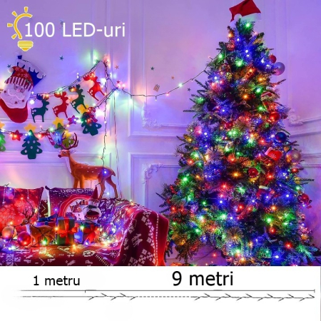Instalatie de Craciun liniara Yoto, 10 m, din care 1 m cablu priza 220V, 100 LED, 8 jocuri de lumini, beculet in 6 colturi, pentru interior, controler, fir negru, multicolor [1]